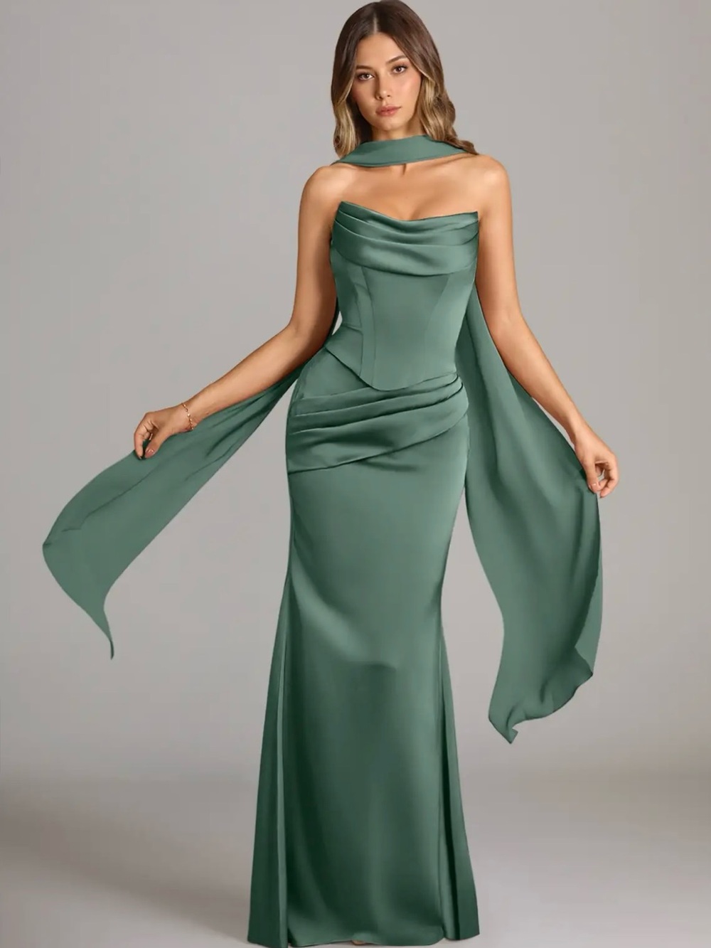 Azazie Sage Green Strapless Mermaid Gown with Draped Scarf